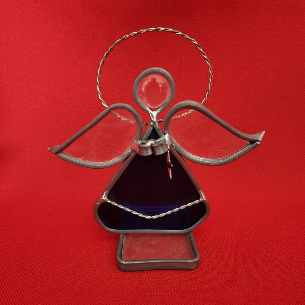 Vintage Stained Glass Free Standing Angel Holding a Star Blue Suncatcher